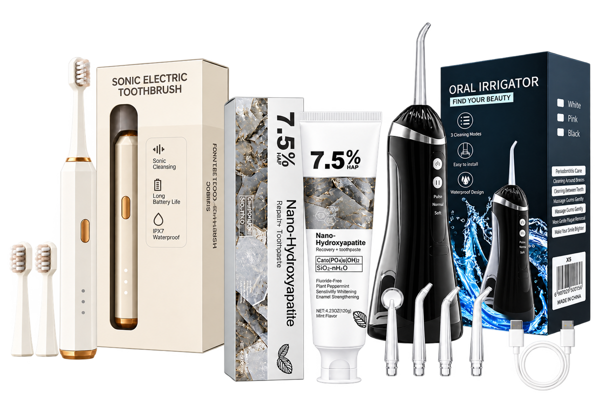 Nacralab Complete Oral Care Kit — sonic toothbrush, water flosser, and nano-hydroxyapatite toothpaste with real packaging