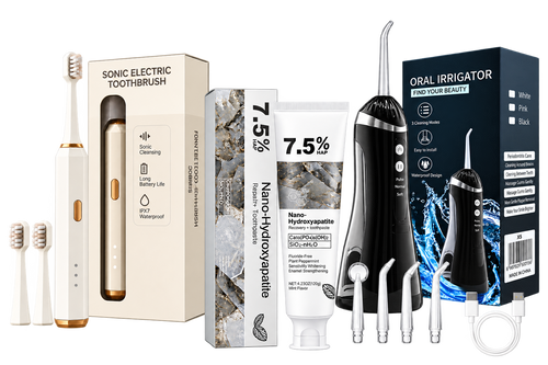 Nacralab Complete Oral Care Kit — sonic toothbrush, water flosser, and nano-hydroxyapatite toothpaste with real packaging