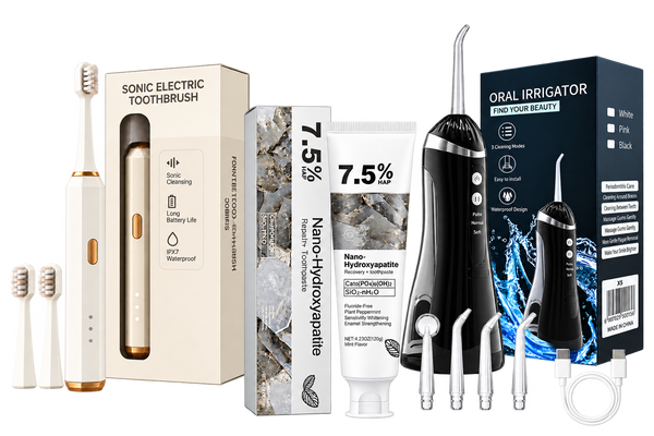 Nacralab Complete Oral Care Kit — sonic toothbrush, water flosser, and nano-hydroxyapatite toothpaste with real packaging