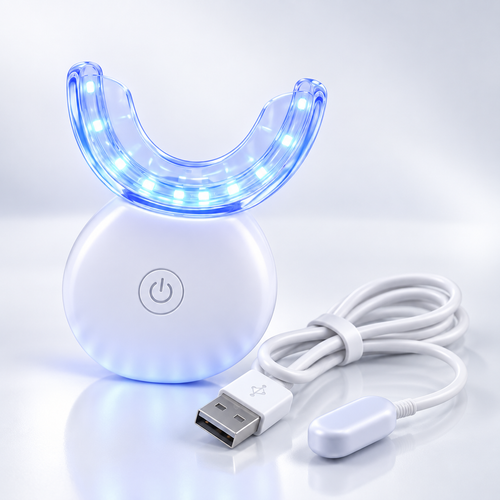 Nacralab LED teeth whitening mouthpiece with red and blue light modes, closeup