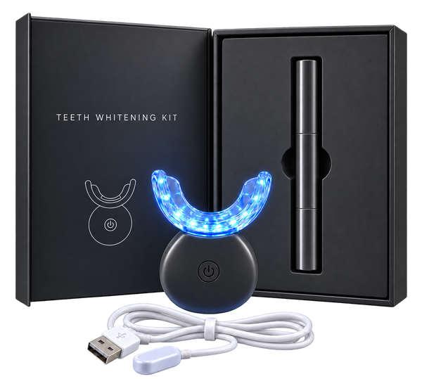 Nacralab LED Teeth Whitening Kit, black, mouthpiece and gel pen on transparent background