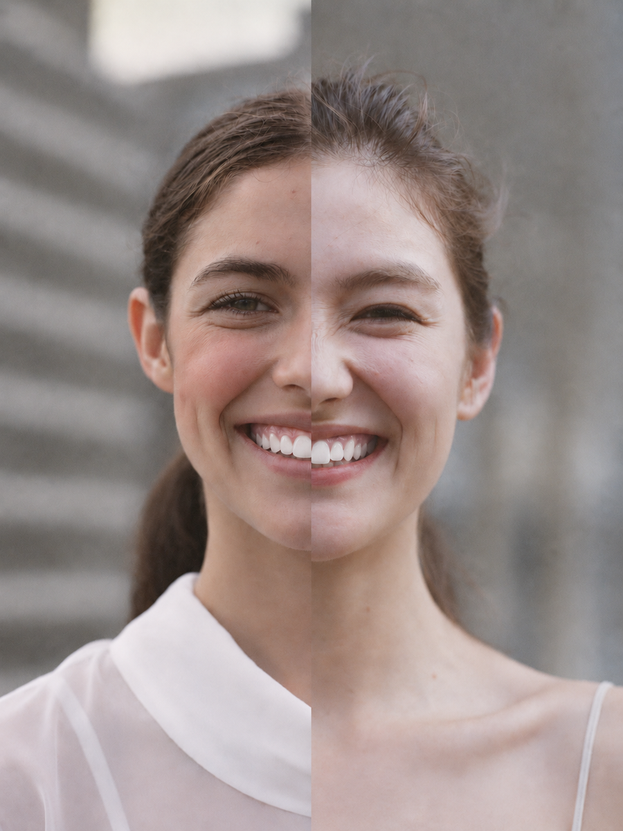 Two models smiling, both with bright white teeth