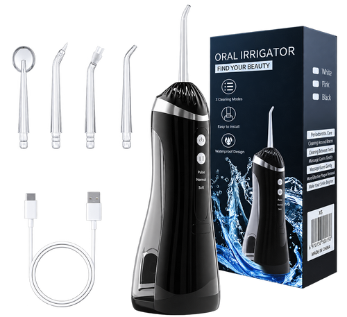 Nacralab Cordless Water Flosser with tips and charging cable on transparent background