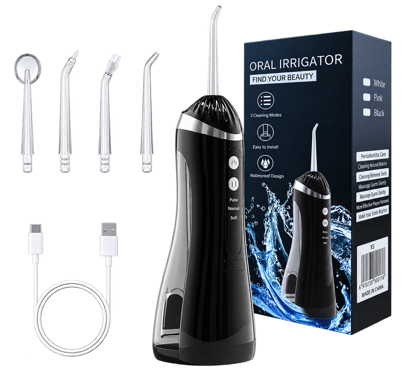 Nacralab Cordless Water Flosser with tips and charging cable on transparent background