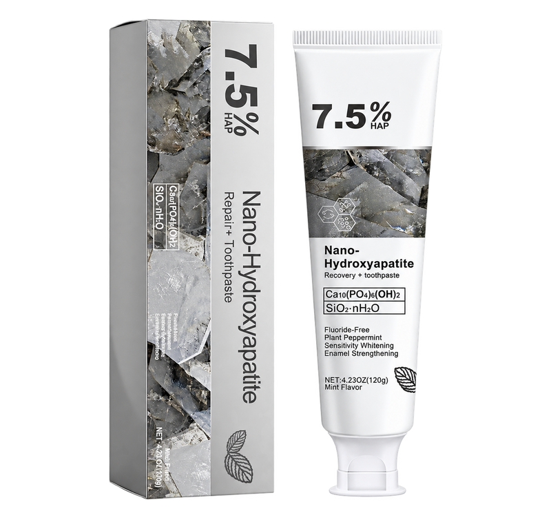 Nacralab Nano-Hydroxyapatite Toothpaste box and tube on transparent background