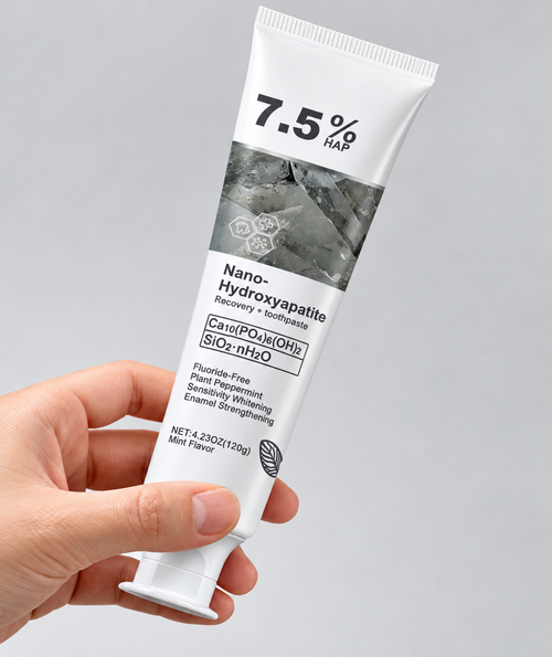 Nacralab Nano-Hydroxyapatite Toothpaste, 7.5% nHAP, held in hand